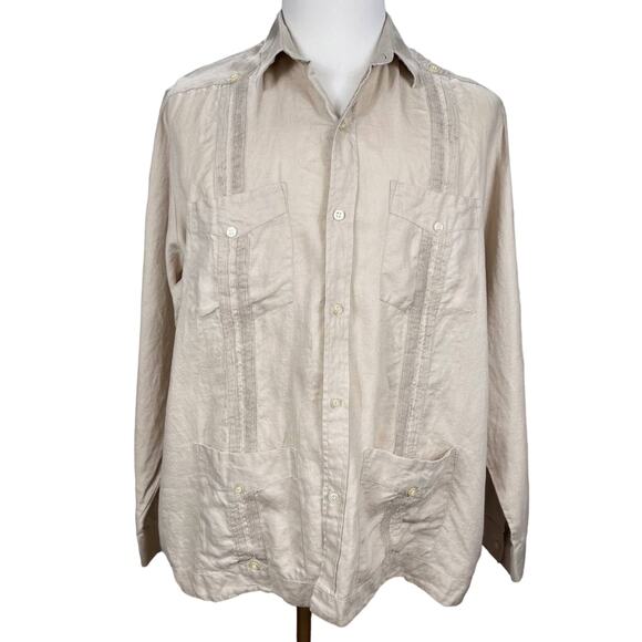 Vtg D'Accord Men's Button Down Shirt 100% Linen Long Sleeve Tan XL - Picture 1 of 6